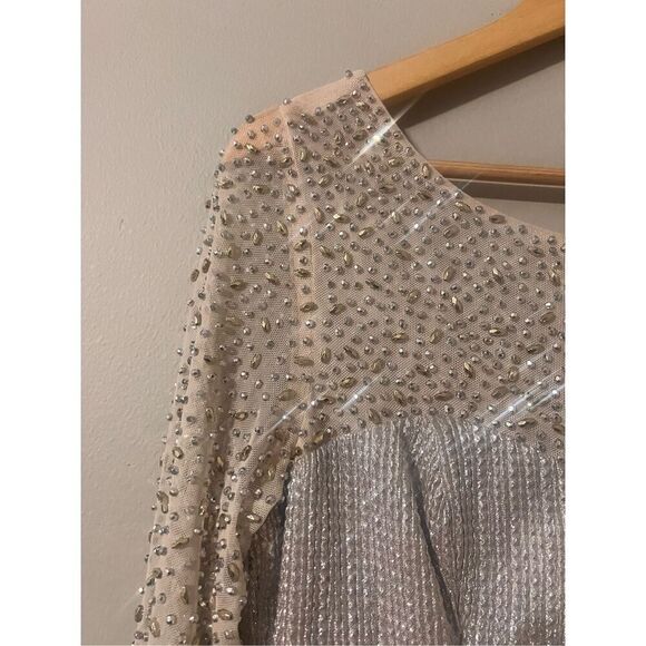 Cachet Women's 14 Beaded Sleeve Slinky Evening Dress Metallic Drape Back Formal - Picture 7 of 15